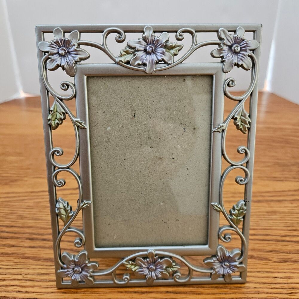 Vtg Ornate Metal Picture Silver Tone Frame Lavendar Floral Scroll 3.5x5 Photo Sz